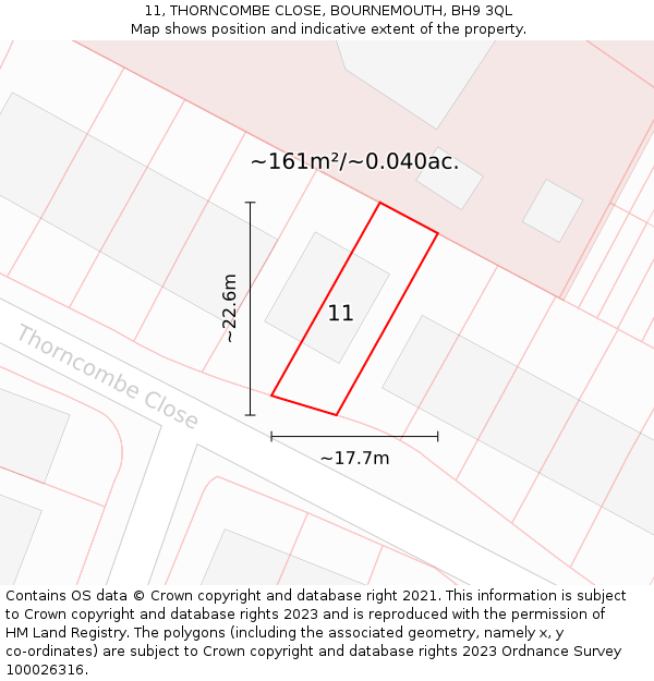 11, THORNCOMBE CLOSE, BOURNEMOUTH, BH9 3QL: Plot and title map