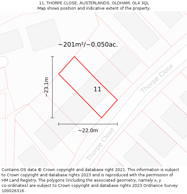 11, THORPE CLOSE, AUSTERLANDS, OLDHAM, OL4 3QL: Plot and title map