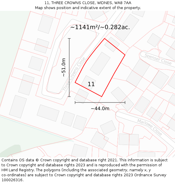 11, THREE CROWNS CLOSE, WIDNES, WA8 7AA: Plot and title map
