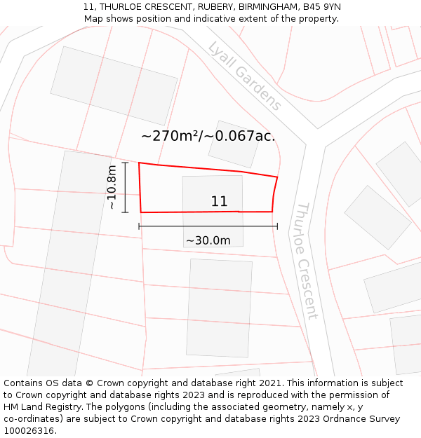 11, THURLOE CRESCENT, RUBERY, BIRMINGHAM, B45 9YN: Plot and title map