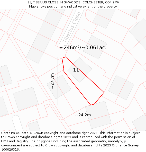 11, TIBERIUS CLOSE, HIGHWOODS, COLCHESTER, CO4 9FW: Plot and title map