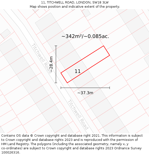 11, TITCHWELL ROAD, LONDON, SW18 3LW: Plot and title map