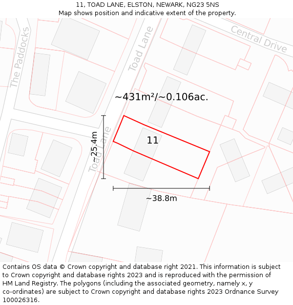 11, TOAD LANE, ELSTON, NEWARK, NG23 5NS: Plot and title map