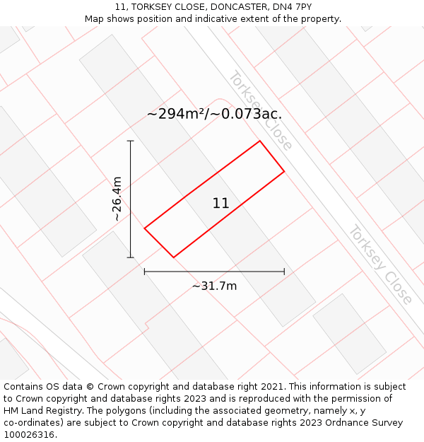 11, TORKSEY CLOSE, DONCASTER, DN4 7PY: Plot and title map
