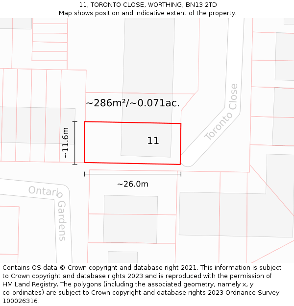 11, TORONTO CLOSE, WORTHING, BN13 2TD: Plot and title map