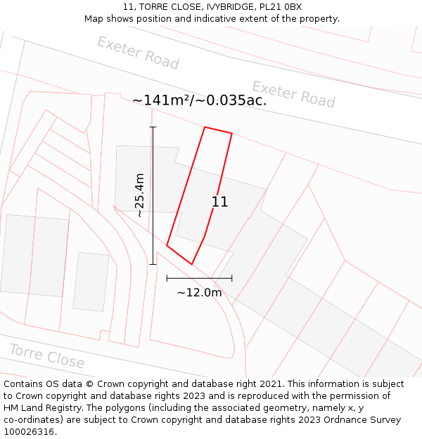 11, TORRE CLOSE, IVYBRIDGE, PL21 0BX: Plot and title map