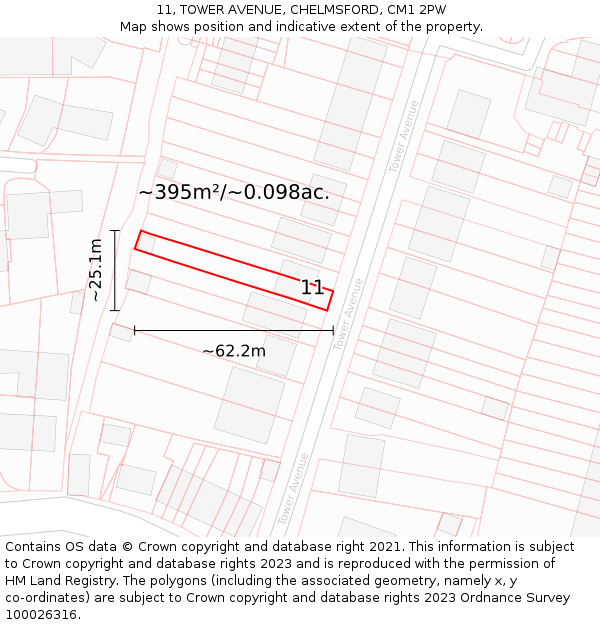 11, TOWER AVENUE, CHELMSFORD, CM1 2PW: Plot and title map