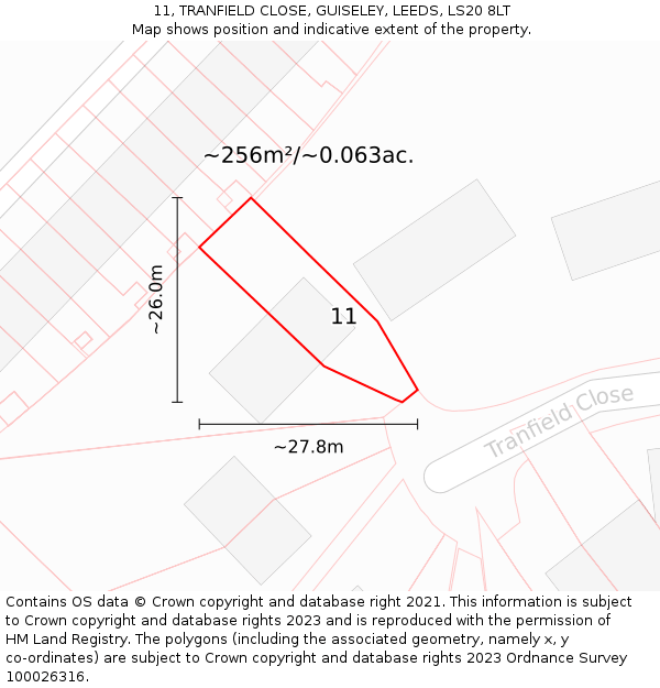 11, TRANFIELD CLOSE, GUISELEY, LEEDS, LS20 8LT: Plot and title map