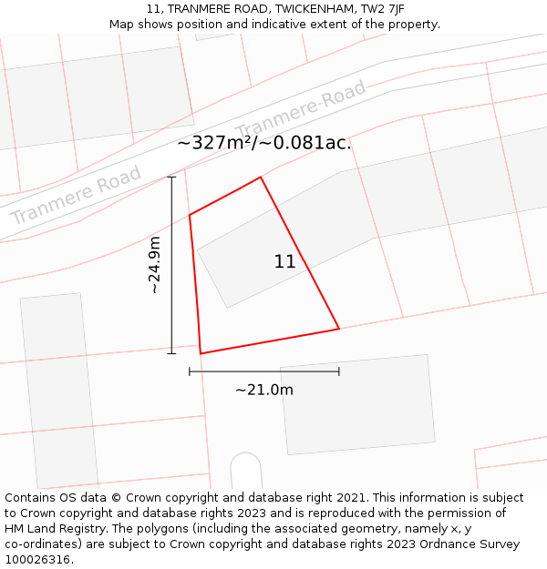 11, TRANMERE ROAD, TWICKENHAM, TW2 7JF: Plot and title map
