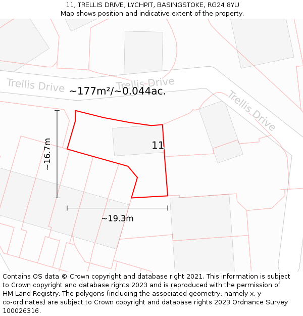 11, TRELLIS DRIVE, LYCHPIT, BASINGSTOKE, RG24 8YU: Plot and title map