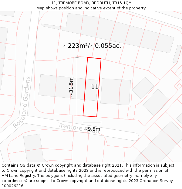 11, TREMORE ROAD, REDRUTH, TR15 1QA: Plot and title map