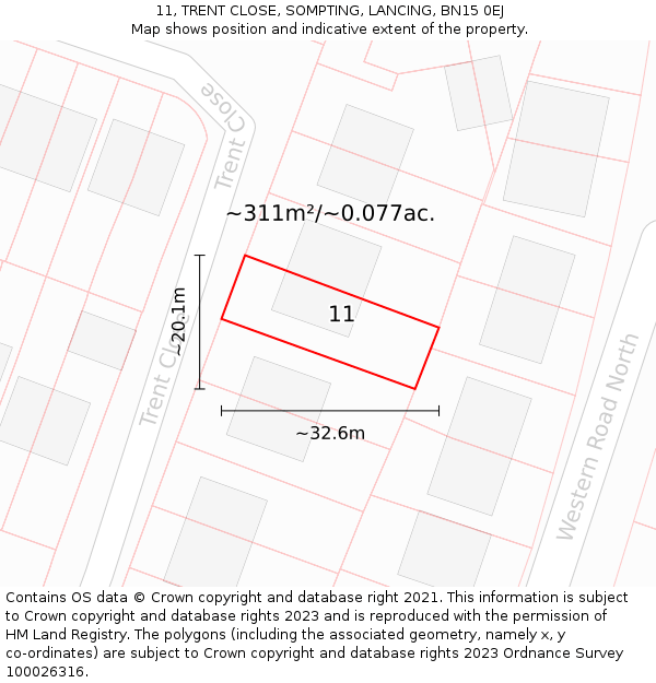 11, TRENT CLOSE, SOMPTING, LANCING, BN15 0EJ: Plot and title map