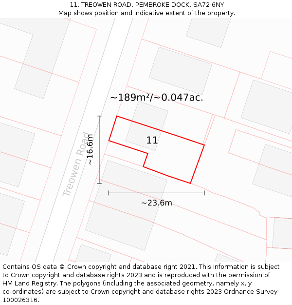 11, TREOWEN ROAD, PEMBROKE DOCK, SA72 6NY: Plot and title map
