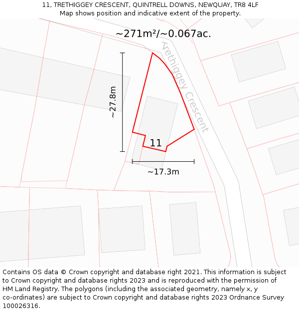 11, TRETHIGGEY CRESCENT, QUINTRELL DOWNS, NEWQUAY, TR8 4LF: Plot and title map