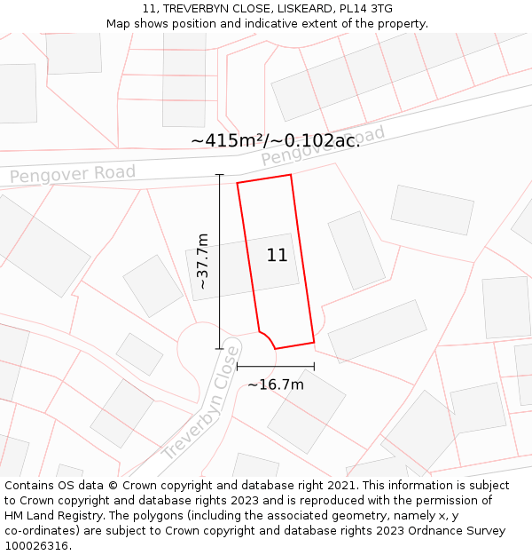 11, TREVERBYN CLOSE, LISKEARD, PL14 3TG: Plot and title map