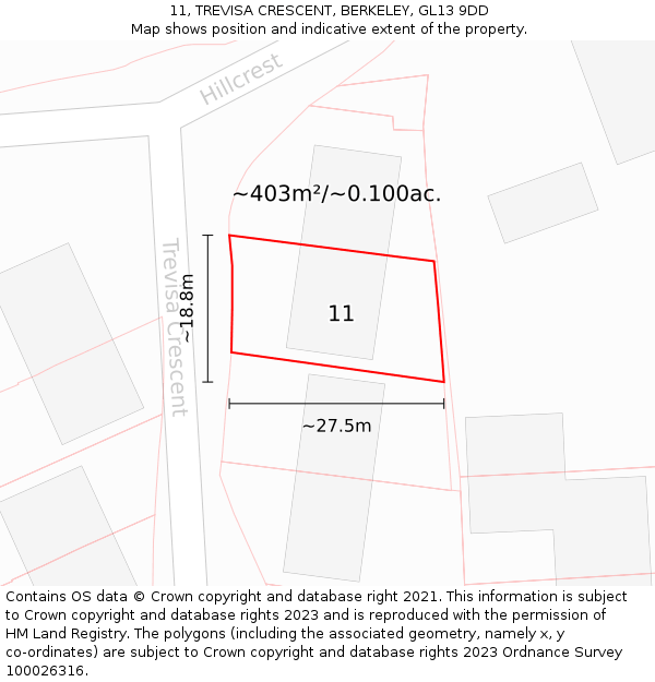 11, TREVISA CRESCENT, BERKELEY, GL13 9DD: Plot and title map