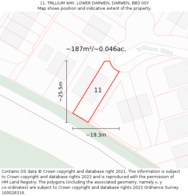 11, TRILLIUM WAY, LOWER DARWEN, DARWEN, BB3 0SY: Plot and title map