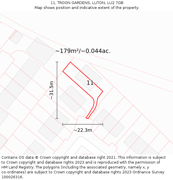 11, TROON GARDENS, LUTON, LU2 7GB: Plot and title map