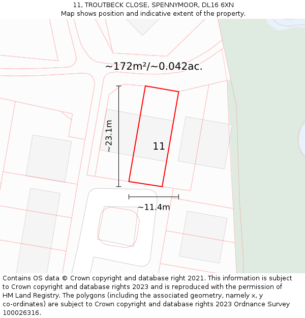 11, TROUTBECK CLOSE, SPENNYMOOR, DL16 6XN: Plot and title map
