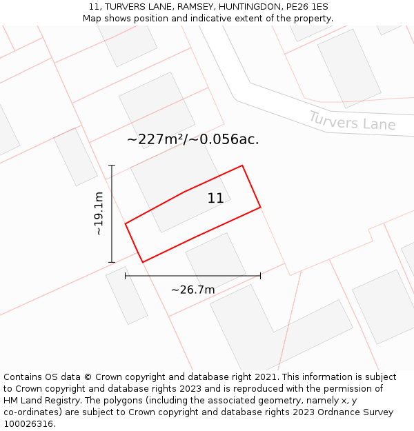 11, TURVERS LANE, RAMSEY, HUNTINGDON, PE26 1ES: Plot and title map