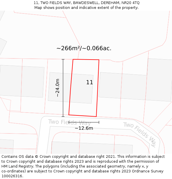 11, TWO FIELDS WAY, BAWDESWELL, DEREHAM, NR20 4TQ: Plot and title map