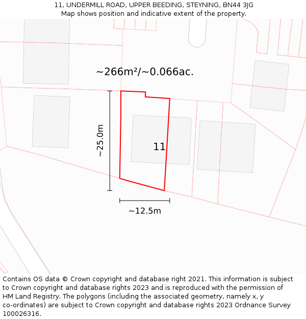 11, UNDERMILL ROAD, UPPER BEEDING, STEYNING, BN44 3JG: Plot and title map