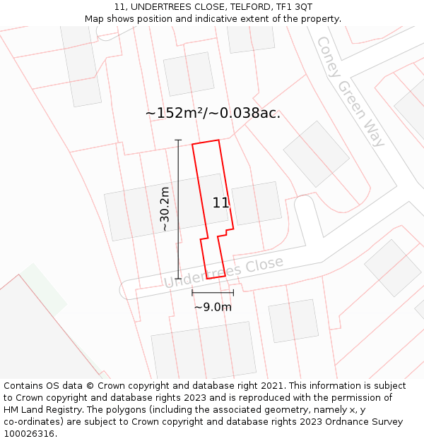11, UNDERTREES CLOSE, TELFORD, TF1 3QT: Plot and title map