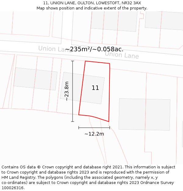 11, UNION LANE, OULTON, LOWESTOFT, NR32 3AX: Plot and title map