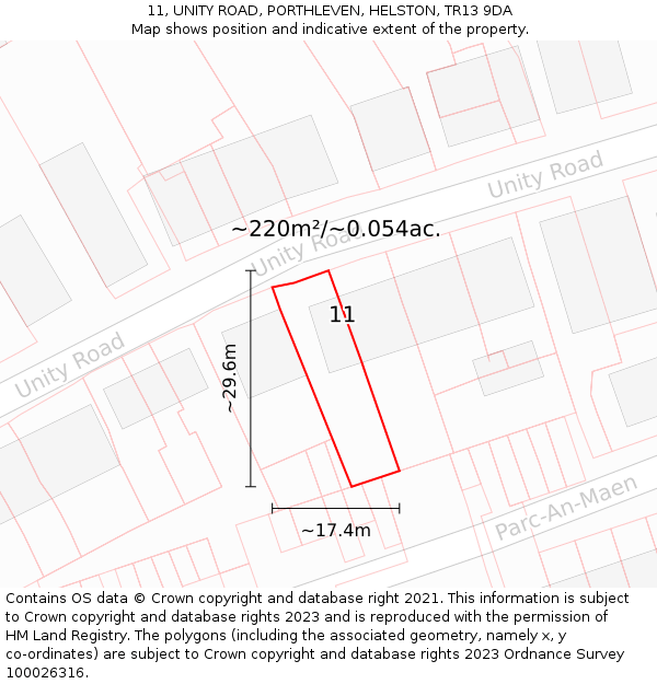 11, UNITY ROAD, PORTHLEVEN, HELSTON, TR13 9DA: Plot and title map