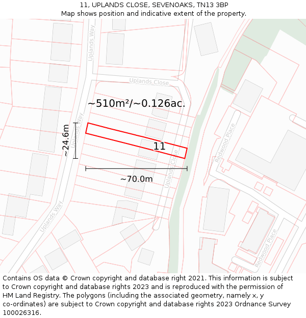 11, UPLANDS CLOSE, SEVENOAKS, TN13 3BP: Plot and title map