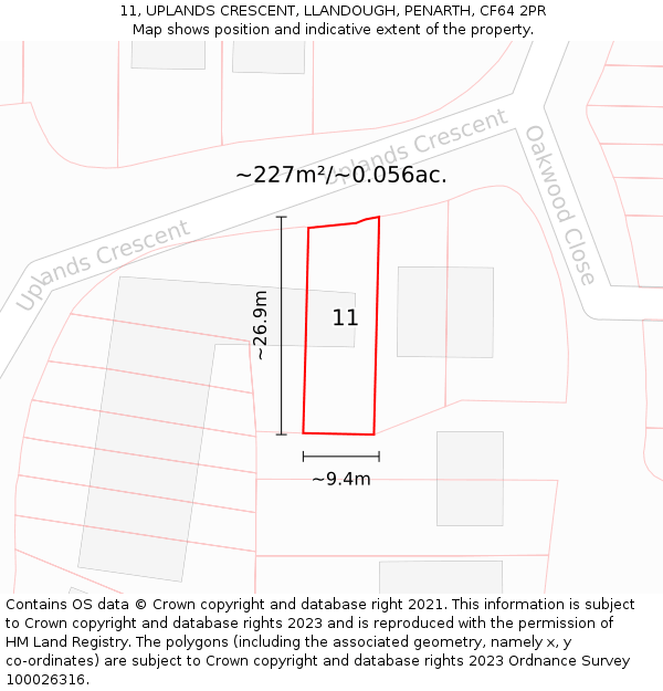 11, UPLANDS CRESCENT, LLANDOUGH, PENARTH, CF64 2PR: Plot and title map