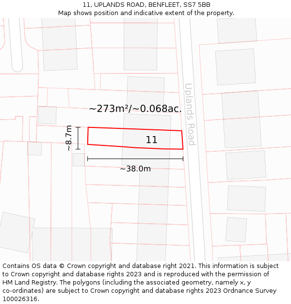 11, UPLANDS ROAD, BENFLEET, SS7 5BB: Plot and title map