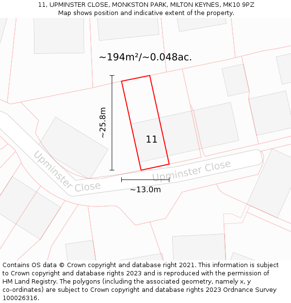 11, UPMINSTER CLOSE, MONKSTON PARK, MILTON KEYNES, MK10 9PZ: Plot and title map