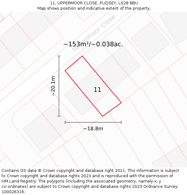 11, UPPERMOOR CLOSE, PUDSEY, LS28 8BU: Plot and title map