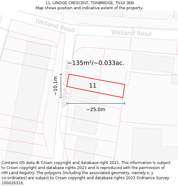 11, URIDGE CRESCENT, TONBRIDGE, TN10 3EB: Plot and title map