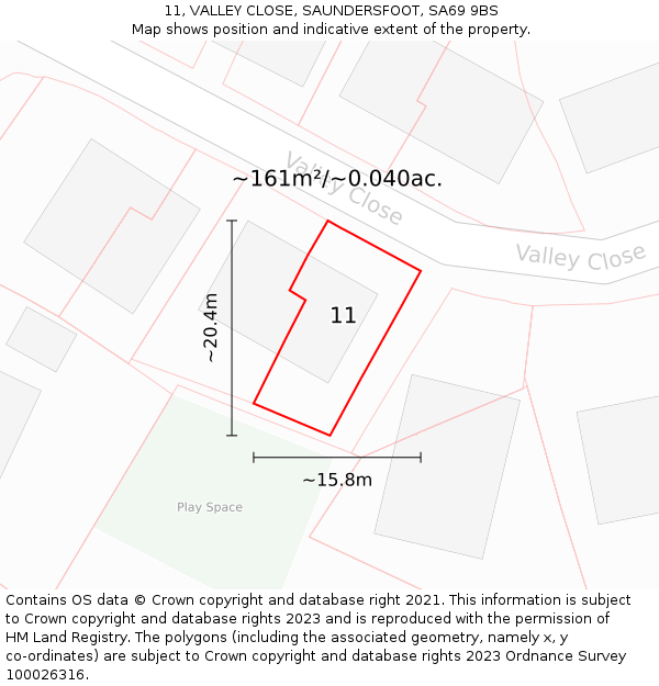 11, VALLEY CLOSE, SAUNDERSFOOT, SA69 9BS: Plot and title map