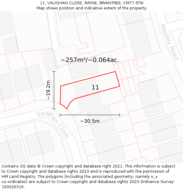 11, VAUGHAN CLOSE, RAYNE, BRAINTREE, CM77 6TW: Plot and title map