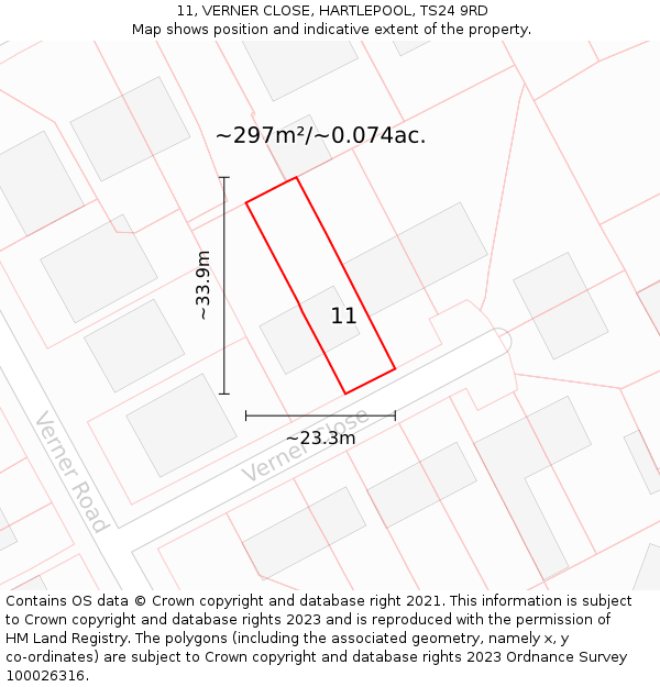 11, VERNER CLOSE, HARTLEPOOL, TS24 9RD: Plot and title map