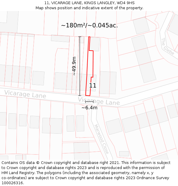11, VICARAGE LANE, KINGS LANGLEY, WD4 9HS: Plot and title map