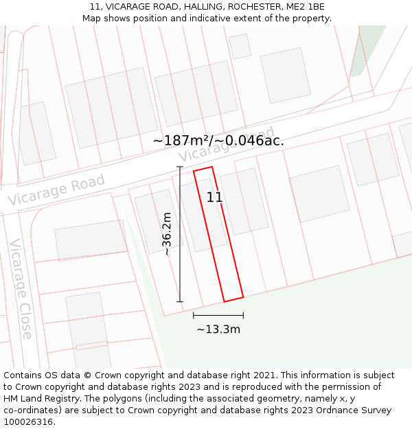 11, VICARAGE ROAD, HALLING, ROCHESTER, ME2 1BE: Plot and title map