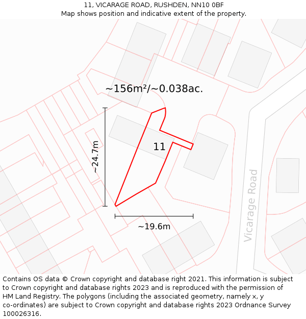 11, VICARAGE ROAD, RUSHDEN, NN10 0BF: Plot and title map