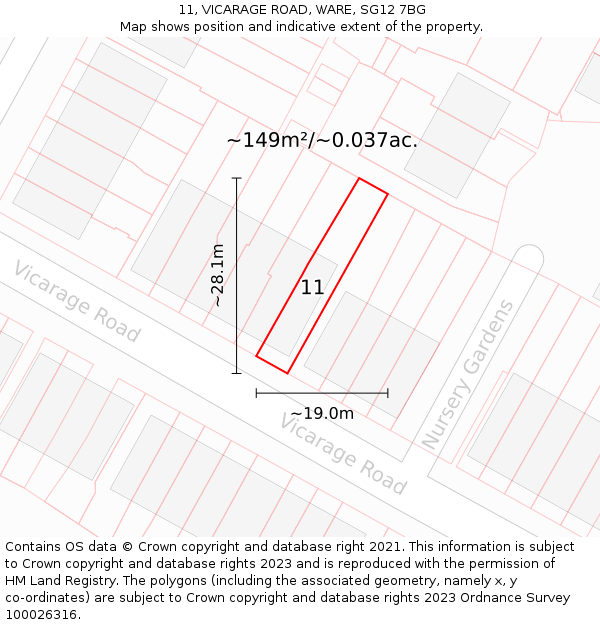 11, VICARAGE ROAD, WARE, SG12 7BG: Plot and title map