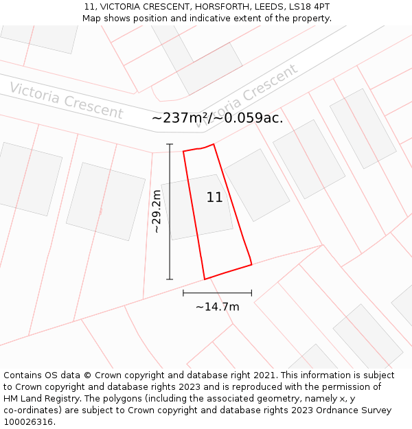 11, VICTORIA CRESCENT, HORSFORTH, LEEDS, LS18 4PT: Plot and title map