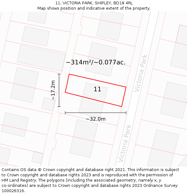 11, VICTORIA PARK, SHIPLEY, BD18 4RL: Plot and title map