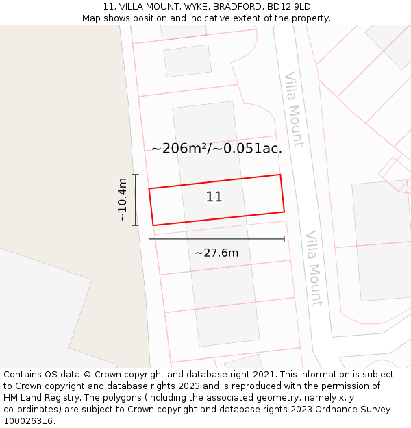 11, VILLA MOUNT, WYKE, BRADFORD, BD12 9LD: Plot and title map