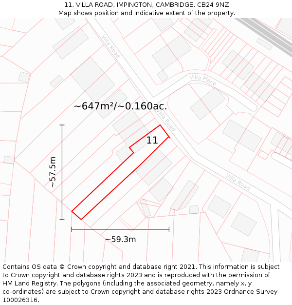 11, VILLA ROAD, IMPINGTON, CAMBRIDGE, CB24 9NZ: Plot and title map