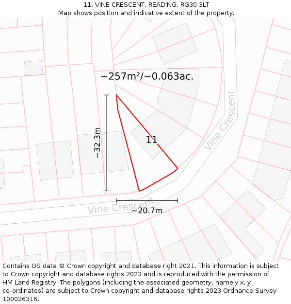 11, VINE CRESCENT, READING, RG30 3LT: Plot and title map