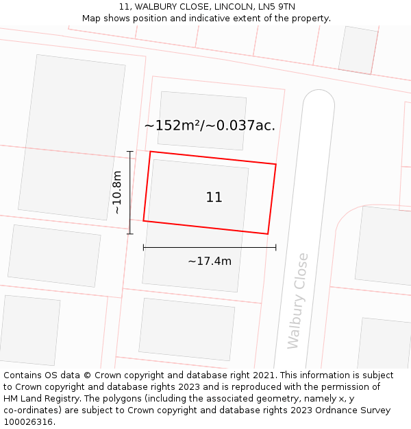 11, WALBURY CLOSE, LINCOLN, LN5 9TN: Plot and title map