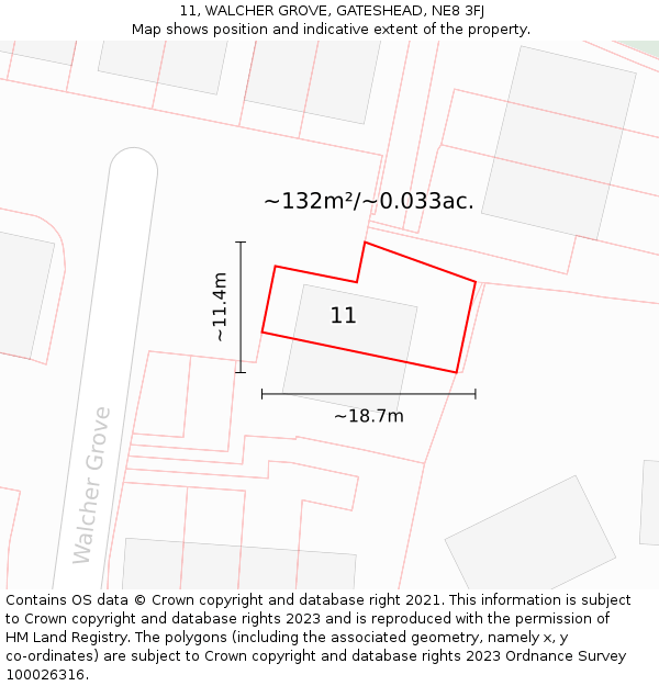 11, WALCHER GROVE, GATESHEAD, NE8 3FJ: Plot and title map