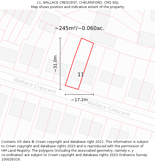 11, WALLACE CRESCENT, CHELMSFORD, CM2 9QL: Plot and title map